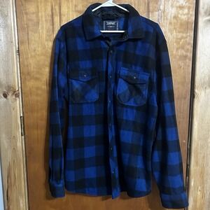 Shirt Jacket- Black And Blue Plaid Fleece- Long Sleeve Button Up- Pockets - XL
